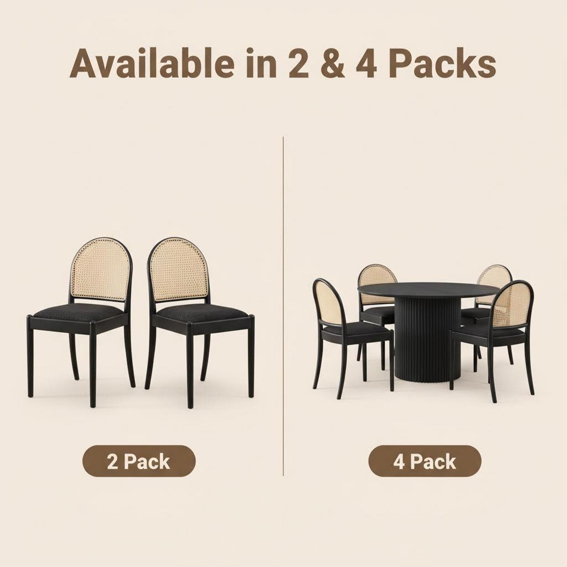 Rattan Dining Chairs Set of 2, Upholstered Linen Dining Room Chairs with Backrests, Modern Kitchen Chairs with Wood Legs for Dining Room, Black image 8