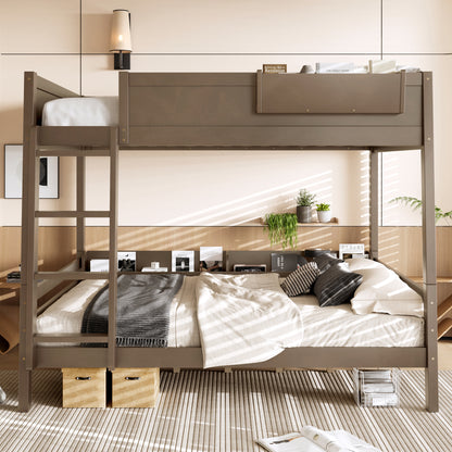 Queen Bunk Bed With Storage Shelf and Bookshelf,Wood Bunk Bed with Ladder and Guardrails,Detachable Design,Vintage brown image 1