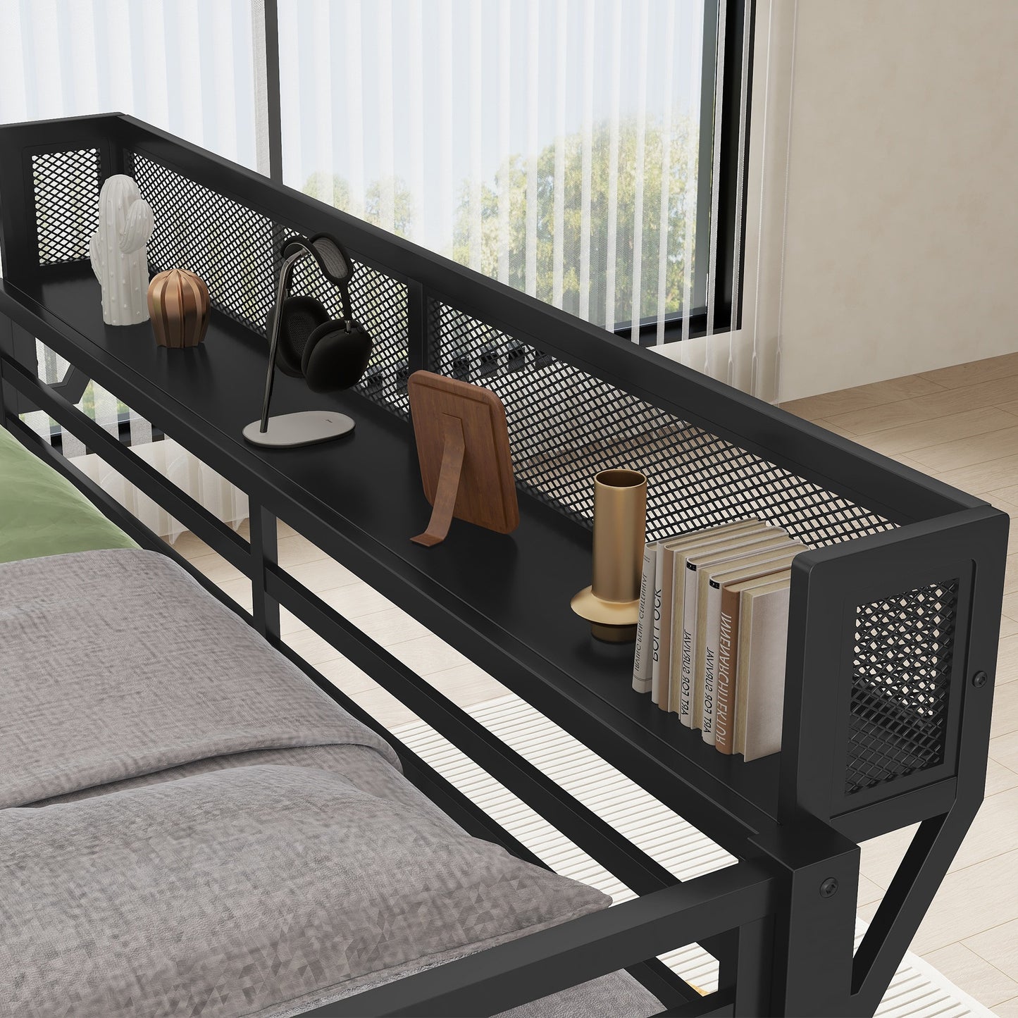 Queen Over Queen Metal Bunk Bed with Ladder and Storage Shelf for Adults Teens,Black(Expect Arrival Date 2025/9/12) image 5