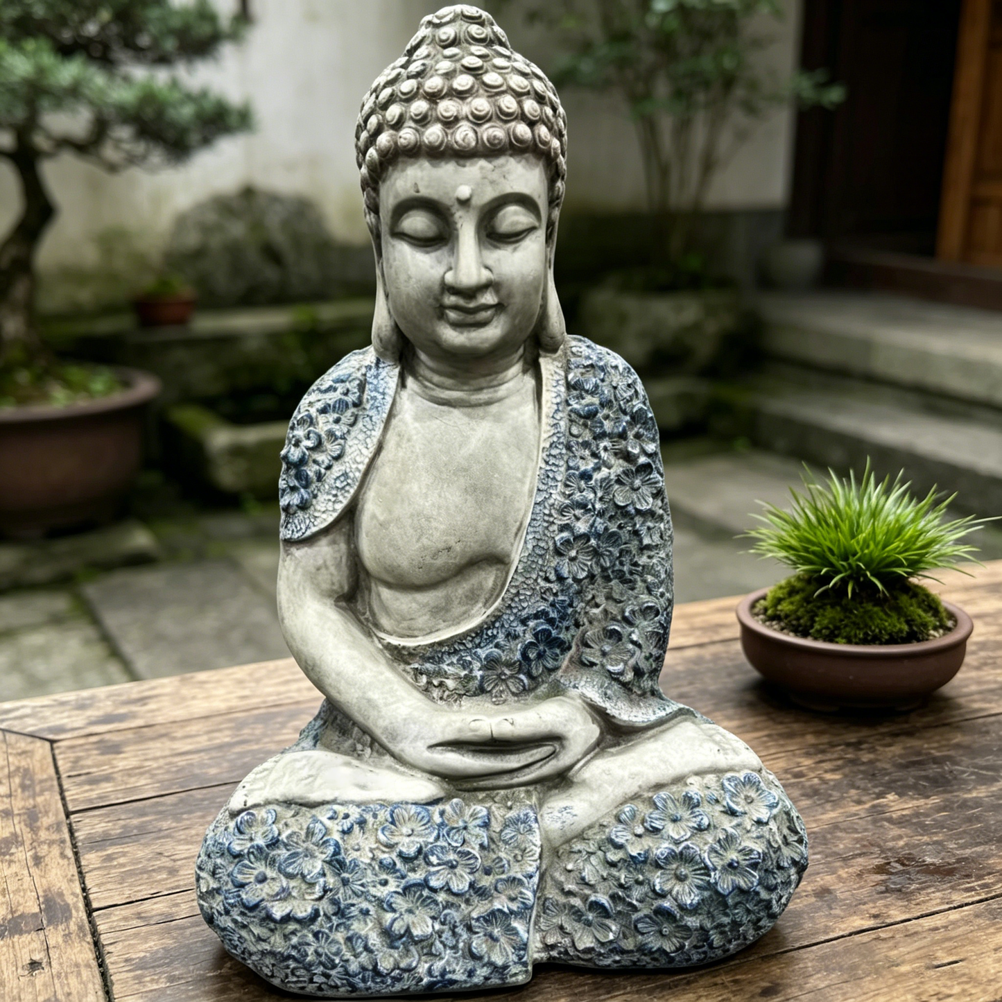 16'' Weatherproof Resin Buddha Garden Statue, Blue Floral Accent Meditating Buddha Figurine, Outdoor Zen Decor for Patio, Yard, Lawn & Landscape image 1