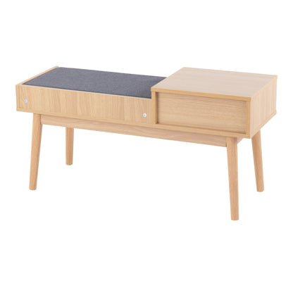 Telephone Contemporary Bench in Natural Wood and Grey Fabric with Pull-Out Drawer image 3