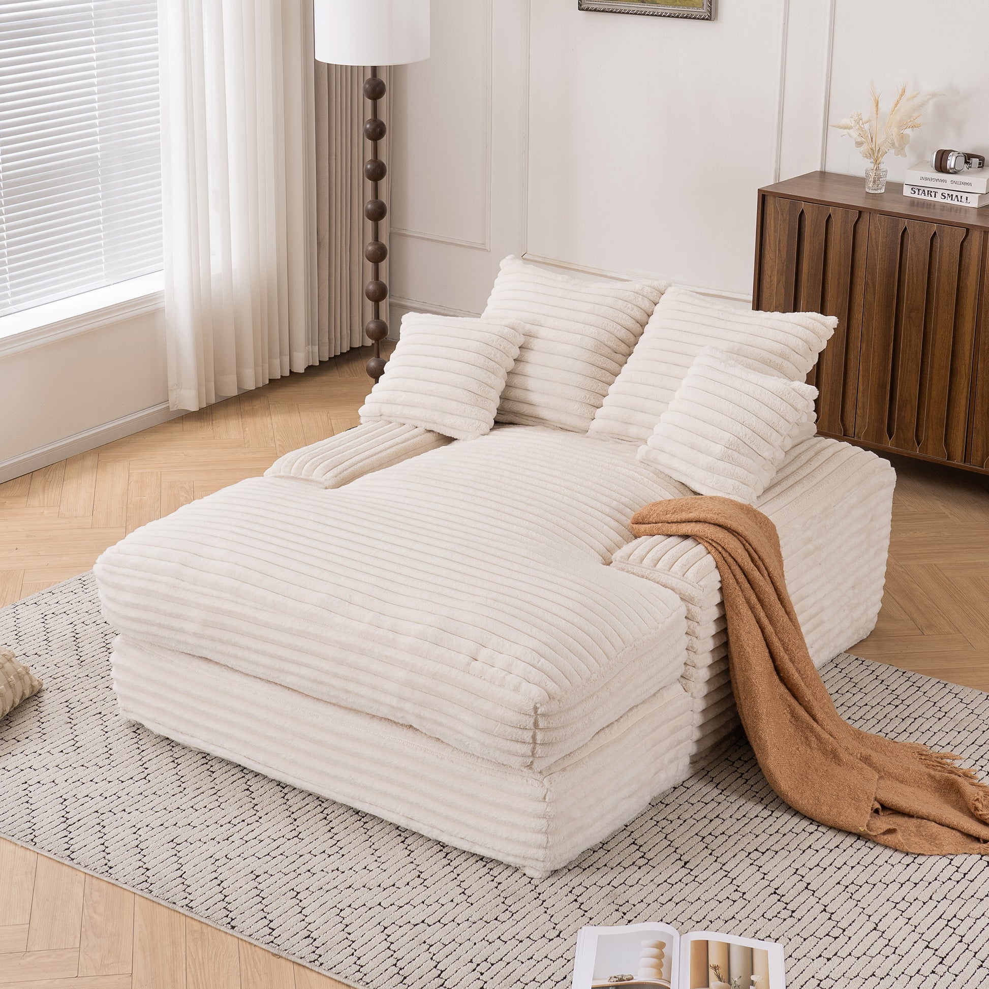 012-Luxury Corduroy Convertible Chaise Lounge with 4 Pillows, Ultra-Soft Sofa Bed No Assembly Required, Instant Setup Lounge Chair Bed for Living Room, Apartment & Small Spaces, Beige image 9