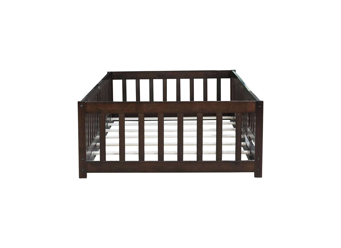 Twin Size Floor Bed with Fence and Door,Rubber Wood Floor Bed with Safety Guardrails,Espresso (Old Sku W504P286375) image 3