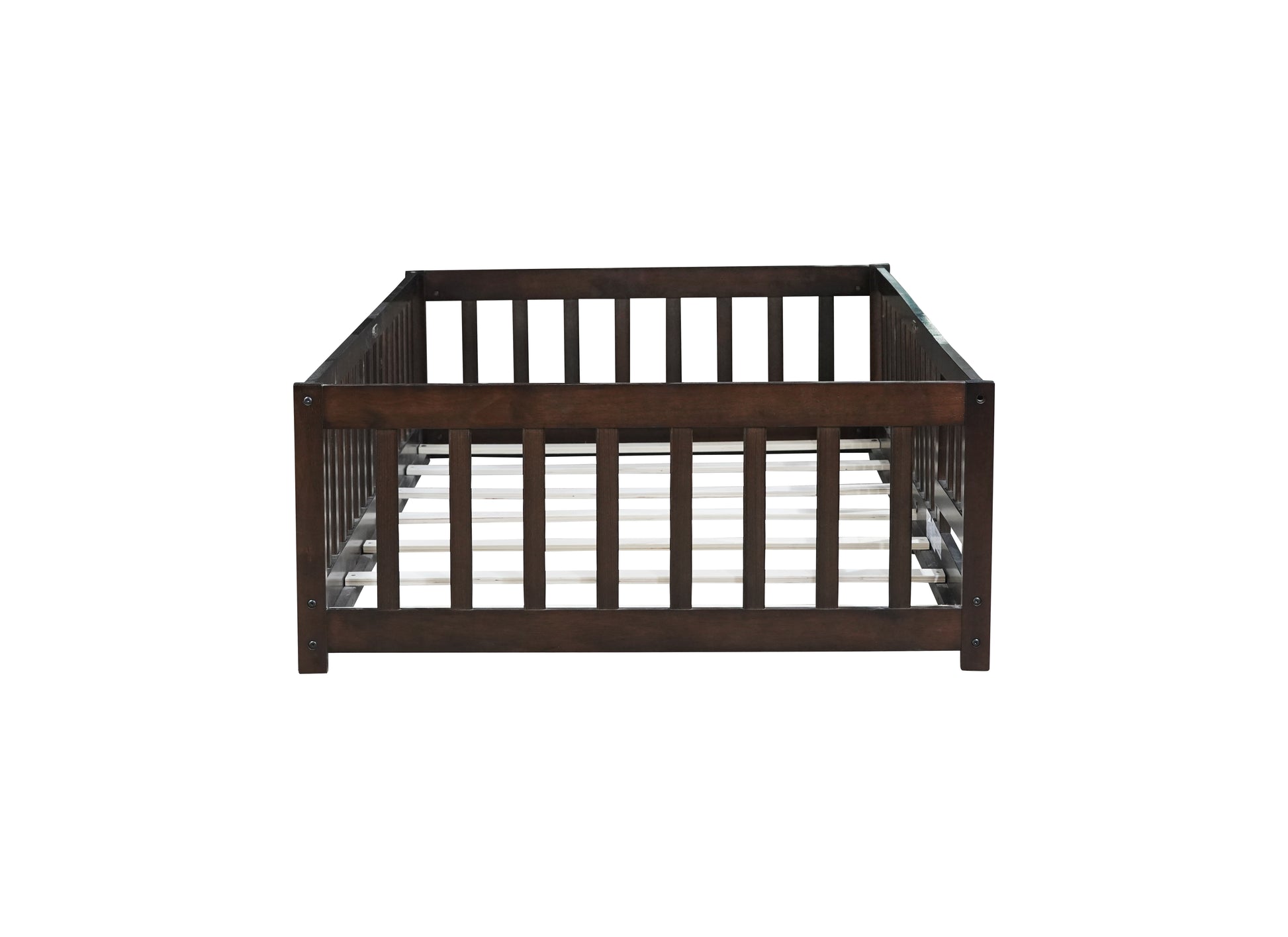 Twin Size Floor Bed with Fence and Door,Rubber Wood Floor Bed with Safety Guardrails,Espresso (Old Sku W504P286375) image 3