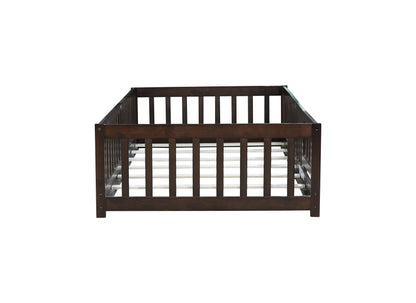 Twin Size Floor Bed with Fence and Door,Rubber Wood Floor Bed with Safety Guardrails,Espresso (Old Sku W504P286375) image 3