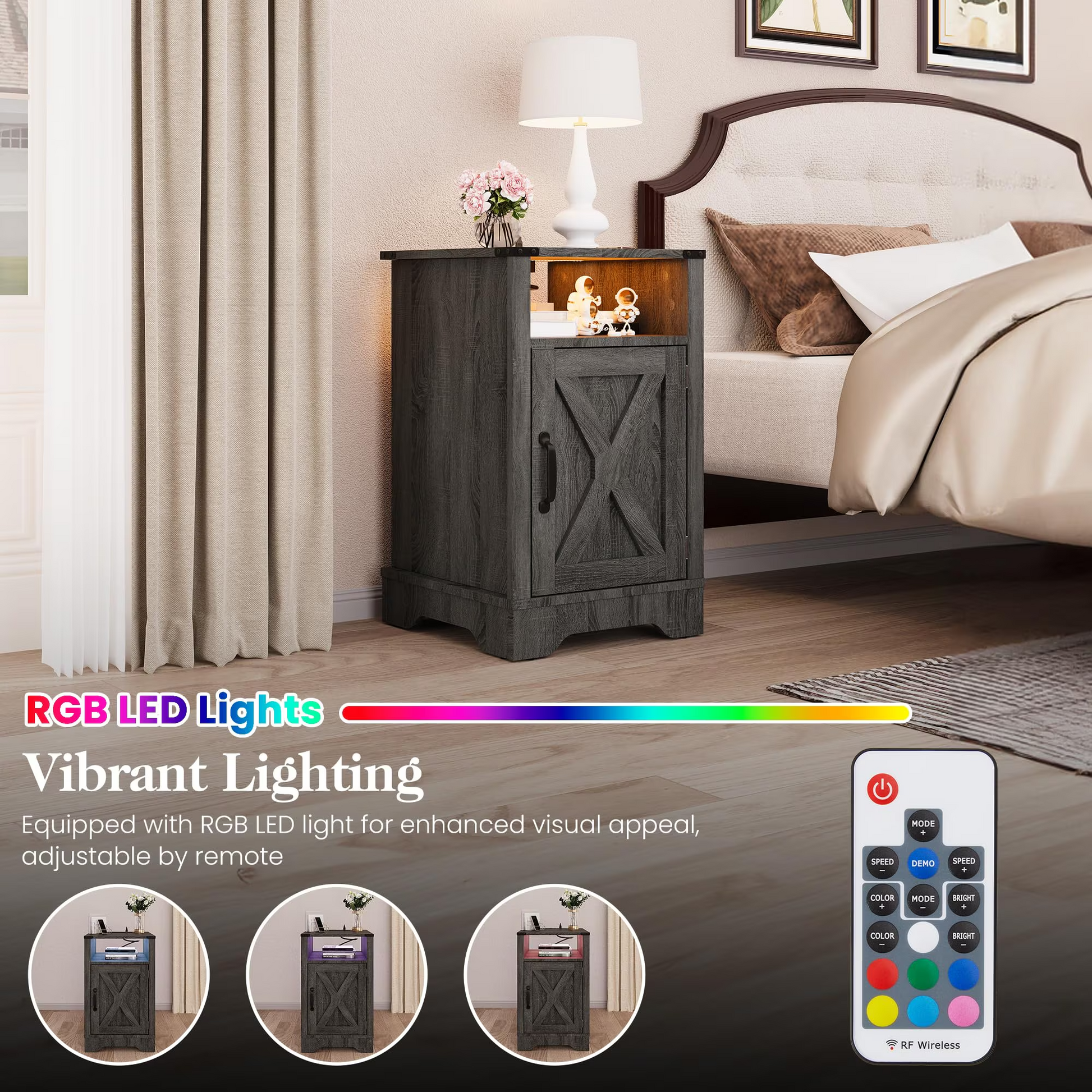 LED Nightstand Set of 2 with Charging Station, Bedside Table with Storage Cabinet and Shelf, Rustic End Table, Farmhouse Wooden Side Table, for Bedroom, Living Room, Dark Gray image 6