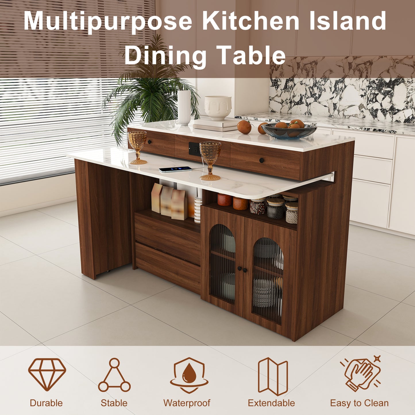 Kitchen Island with Extendable & Rotating Table, MDF with Walnut Veneer Retro Design, 4 Drawers & Glass Door Cabinets with Built-in Socket, Expandable Dining Station for 2-4 Person (Walnut) image 2