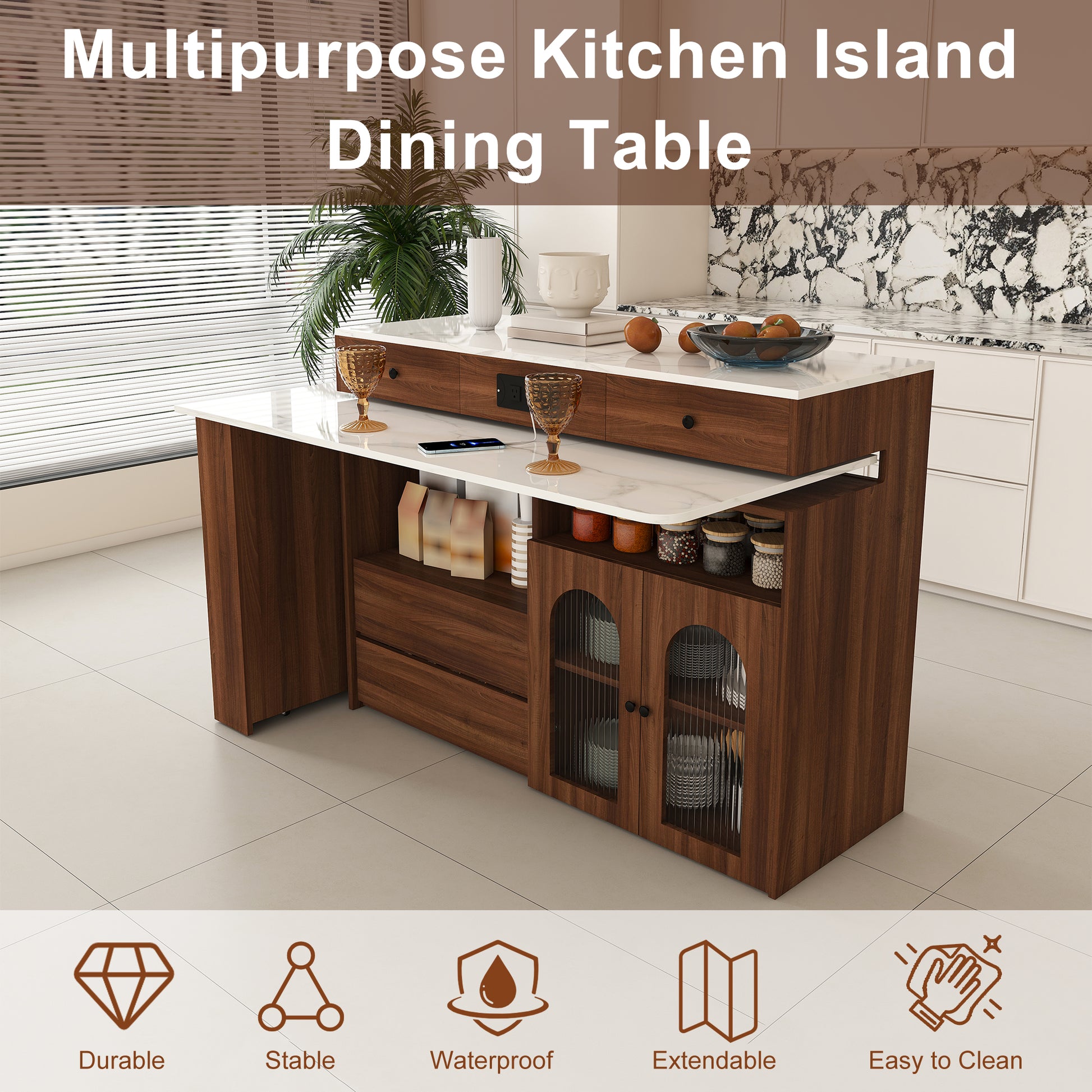 Kitchen Island with Extendable & Rotating Table, MDF with Walnut Veneer Retro Design, 4 Drawers & Glass Door Cabinets with Built-in Socket, Expandable Dining Station for 2-4 Person (Walnut) image 2