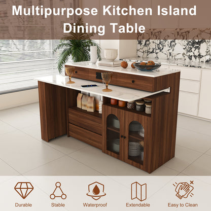 Kitchen Island with Extendable & Rotating Table, MDF with Walnut Veneer Retro Design, 4 Drawers & Glass Door Cabinets with Built-in Socket, Expandable Dining Station for 2-4 Person (Walnut) image 2