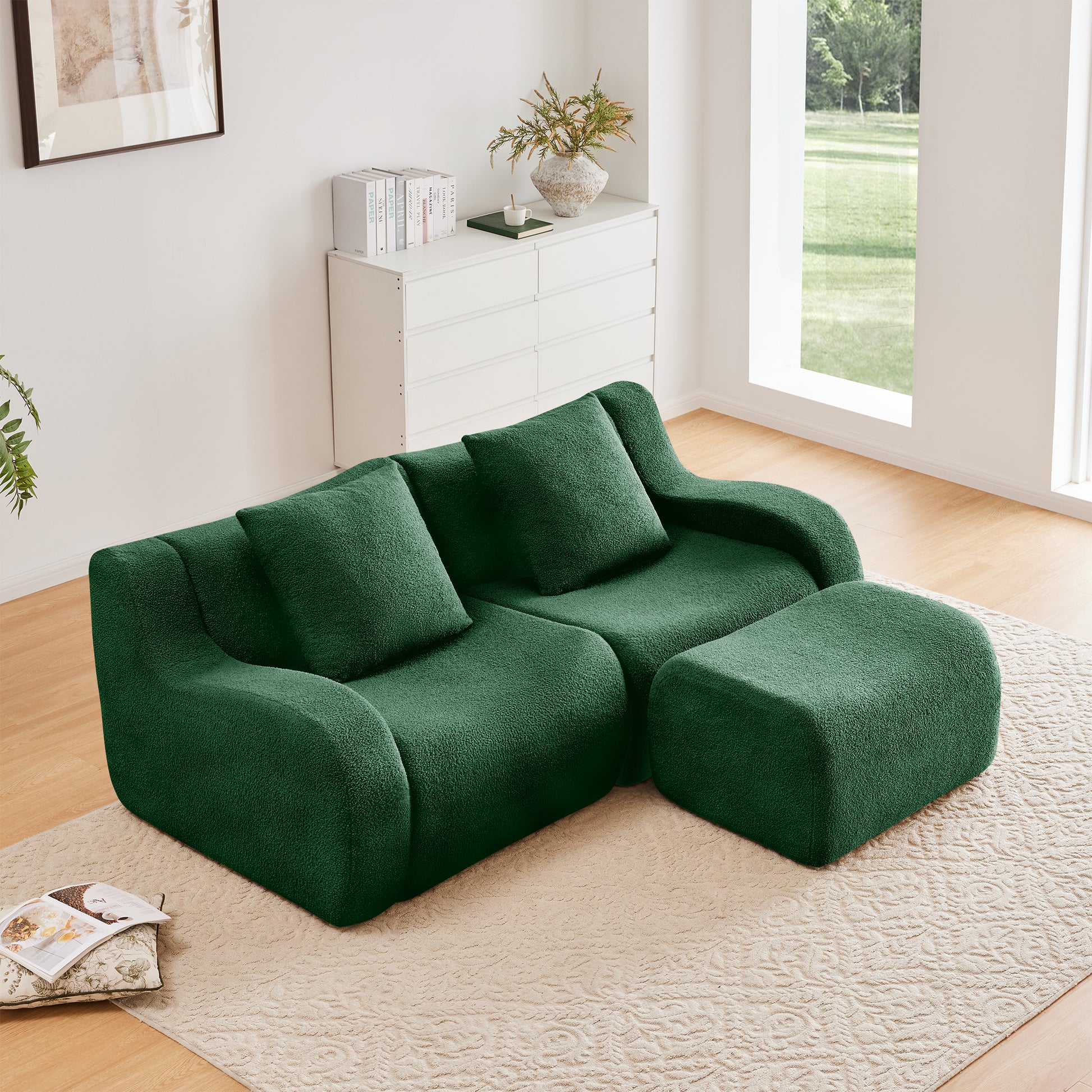 L-Shaped Teddy Fabric 2-Seat Boneless Sofa,No Assembly Required Curved Armrest,Streamlined Design Ergonomic Design,32D High Density Sponge For Living Rooms Rest Areas Bedroom,Green image 2