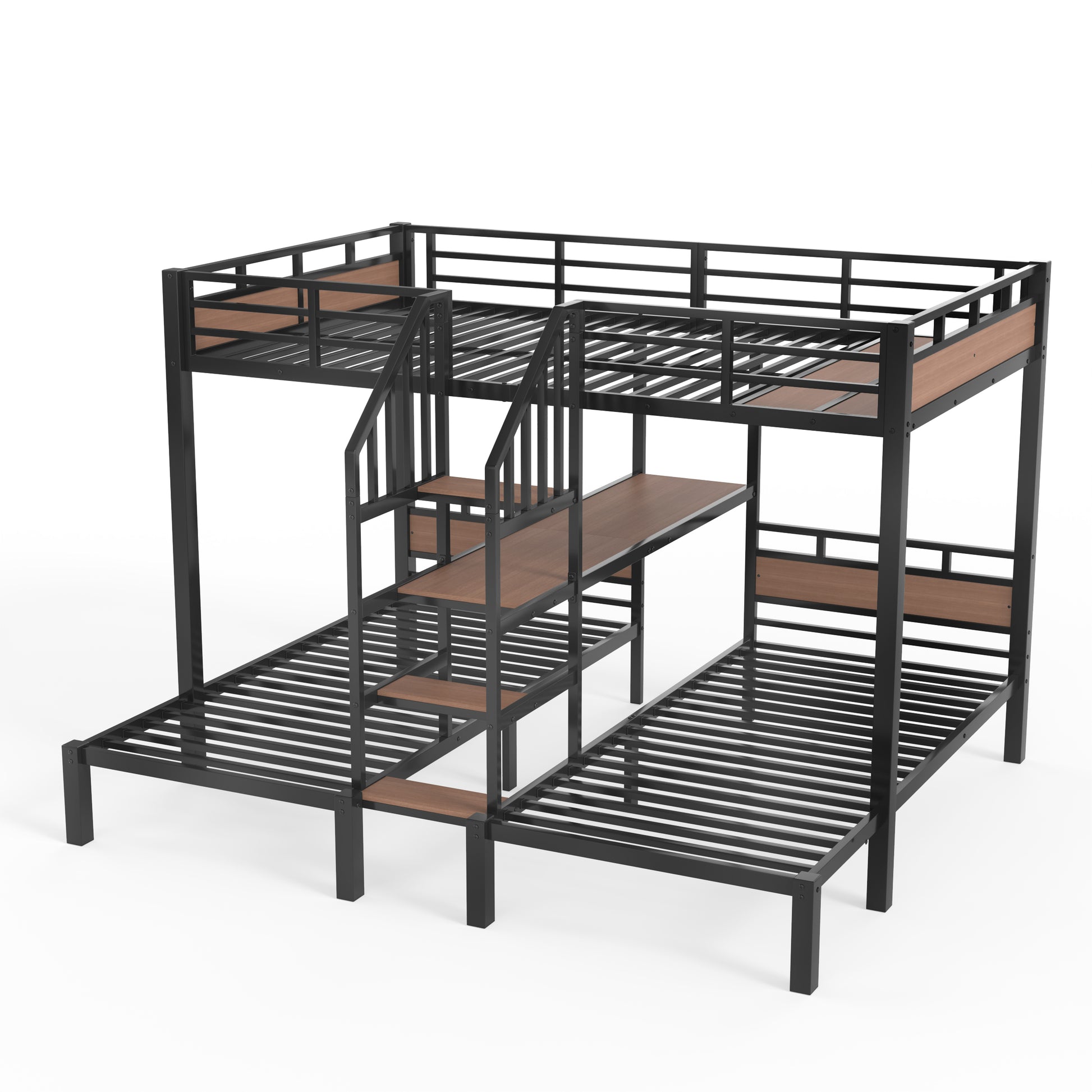 Full over Twin over Twin(Full XL over Twin over Twin) Metal Bunk Bed,triple metal bunk bed with Storage shelves and storage stairs,Black image 7