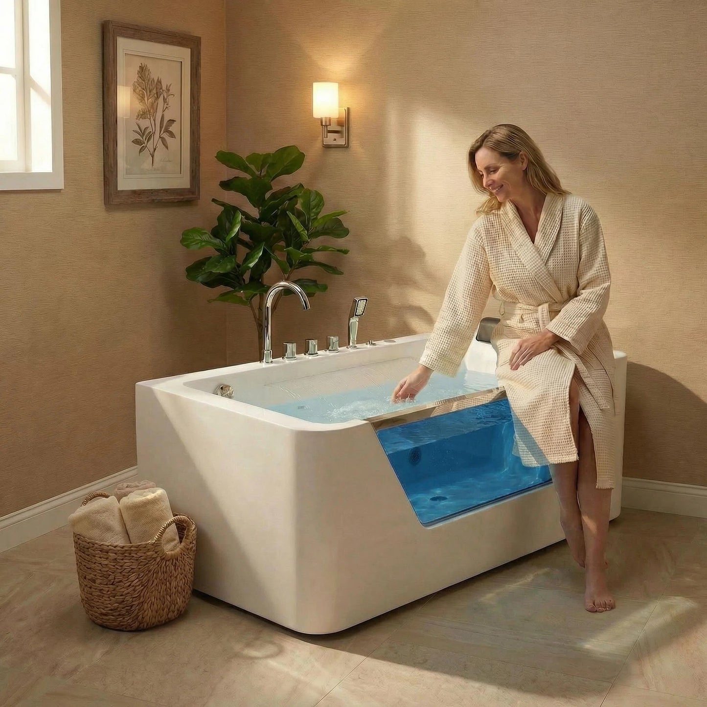 67" Whirlpool Bathtub,Hydrotherapy Jetted Bathtub with Glass Panel, 7 Jets,3-Side Apron,89 Gallons,White image 6
