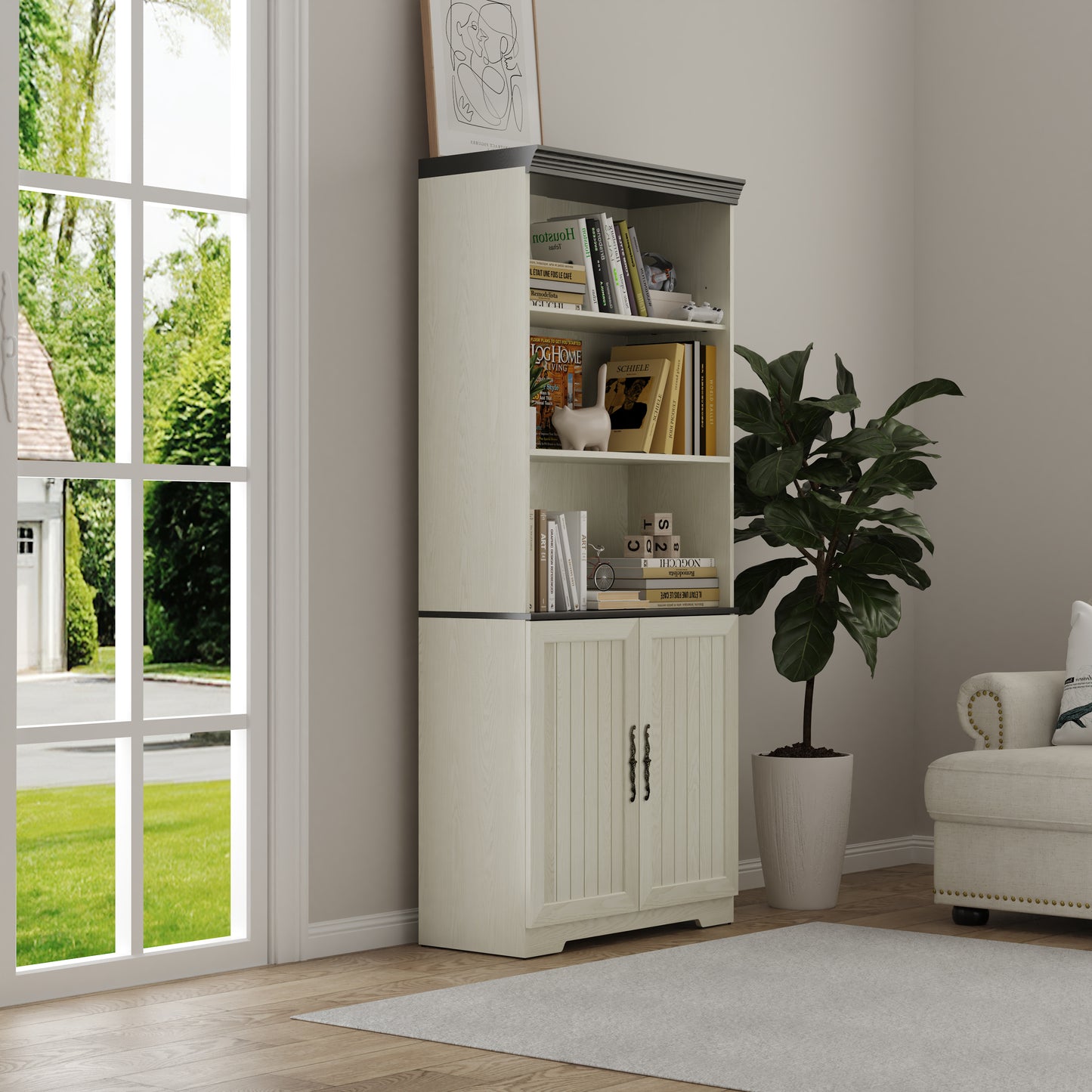 70.86"(180cm) Tall Storage Cabinet, 5 Tier Cube Display Cabinet with Adjustable Shelves and Barn Doors, MDF Wood Freestanding Display Bookshelves for Bedroom,Living Room, Kitchen, Pantry, Bar Cabinet image 9