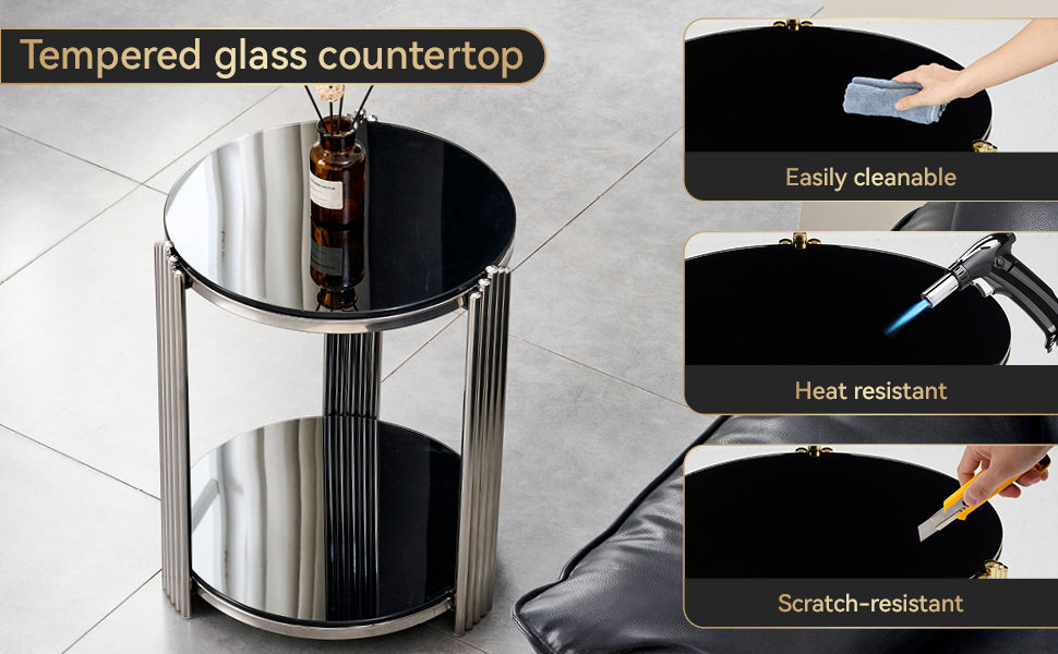 16.90 Inch Modern End Table, Bedside Table,Double-Layer Tempered Black Glass & Silver Stainless Steel Frame Living Room Table, Round Table,Easy Assembly. image 11