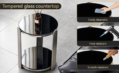 16.90 Inch Modern End Table, Bedside Table,Double-Layer Tempered Black Glass & Silver Stainless Steel Frame Living Room Table, Round Table,Easy Assembly. image 11