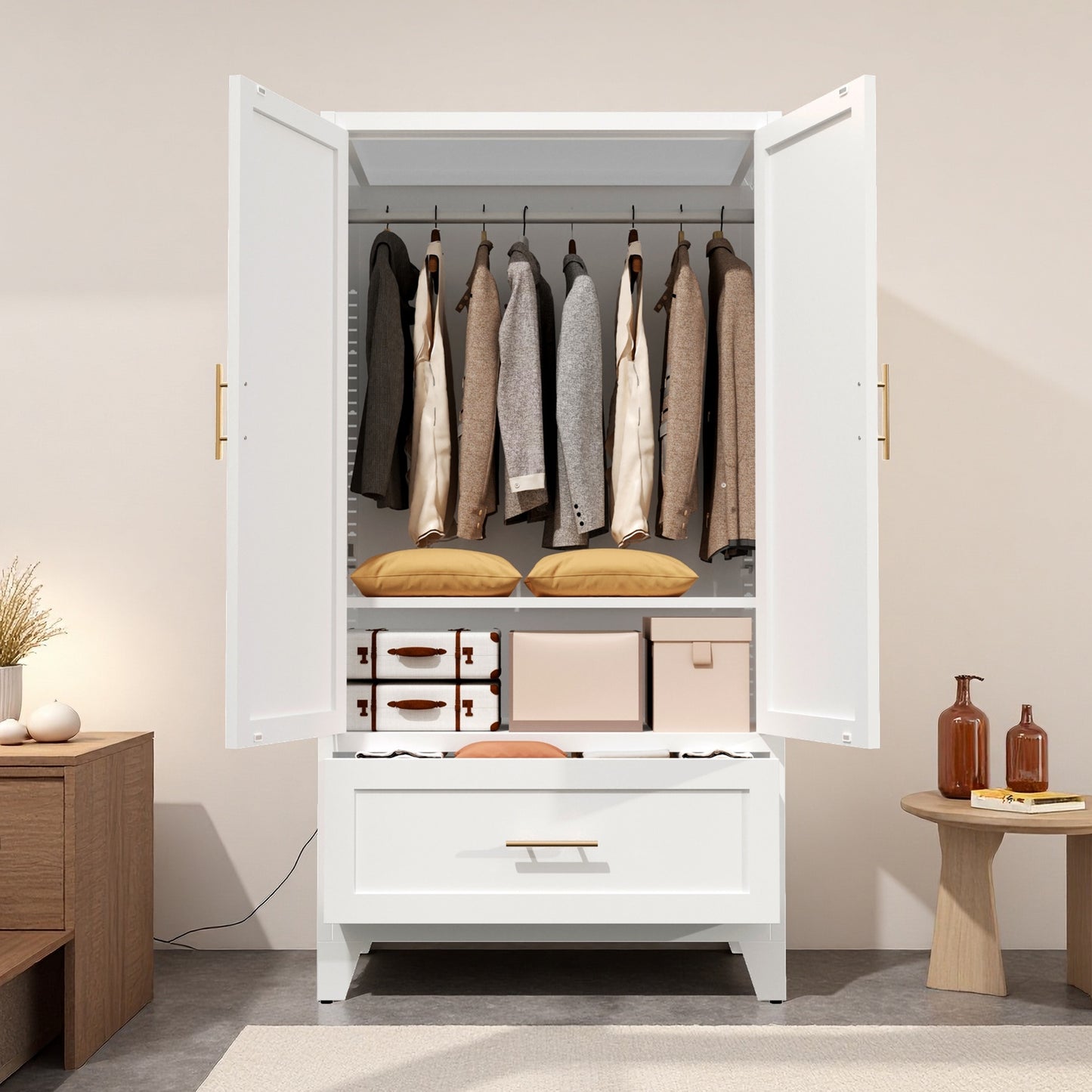 60" Tall Metal Wardrobe Cabinet with 1 Drawer and Hanging Rod, 2 Doors Wardrobe Closet with Shelf for Bedroom, Office, Laundry Room,Entryway,Foyer,Guesthouse (White) image 5
