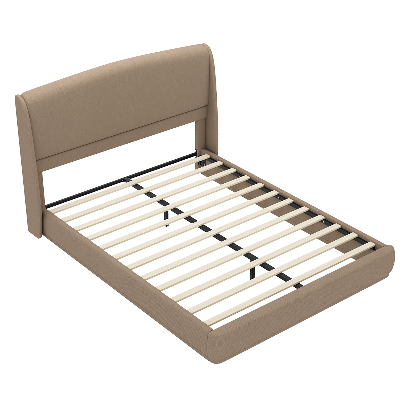 Upholstered Queen Bed Frame with Wingback Headboard, Low Profile Platform Bed with Padded Headboard, No Box Spring Needed, Easy Assembly, Elegant Linen Fabric, Brown image 9