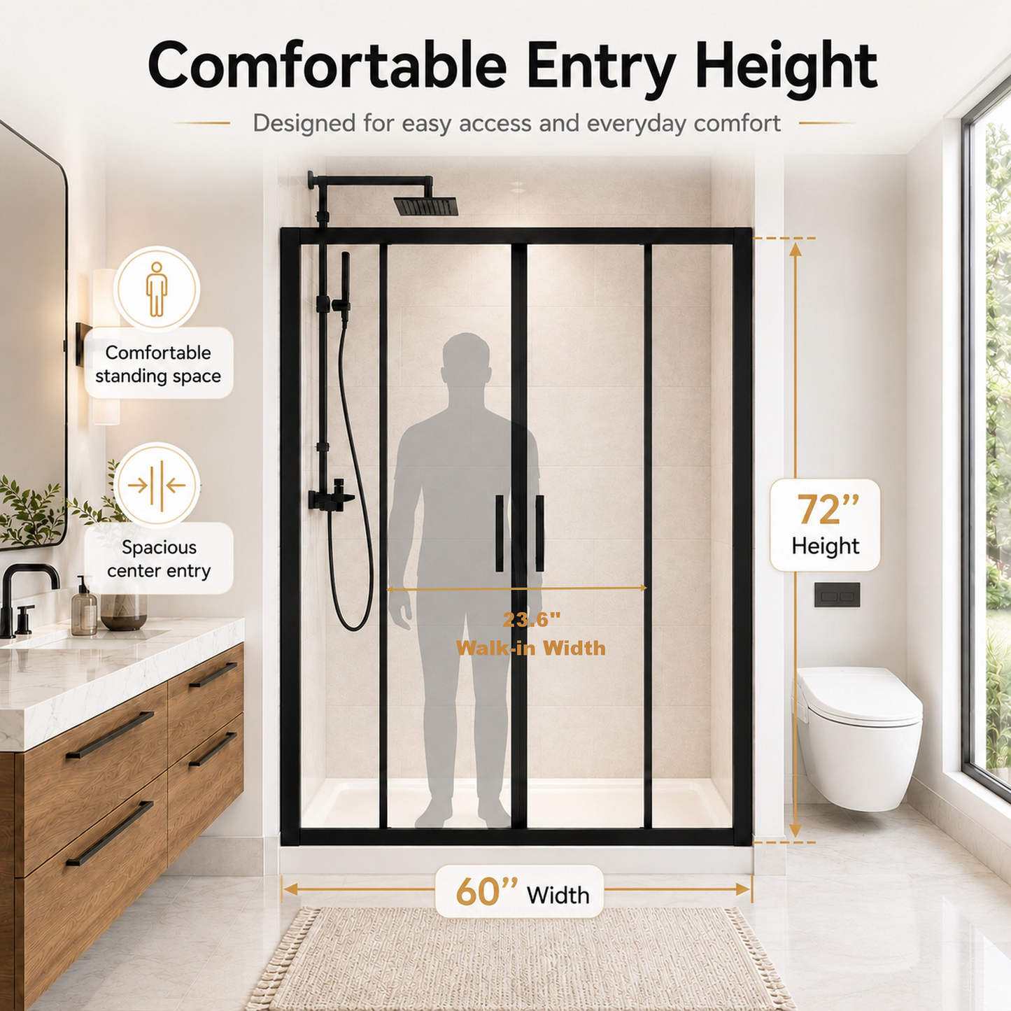 Comfystyle 60.W x 72.H Double Framed Sliding Shower Door, with 1/4" (6mm) Clear SGCC Tempered Glass, Matte Black Finish image 3