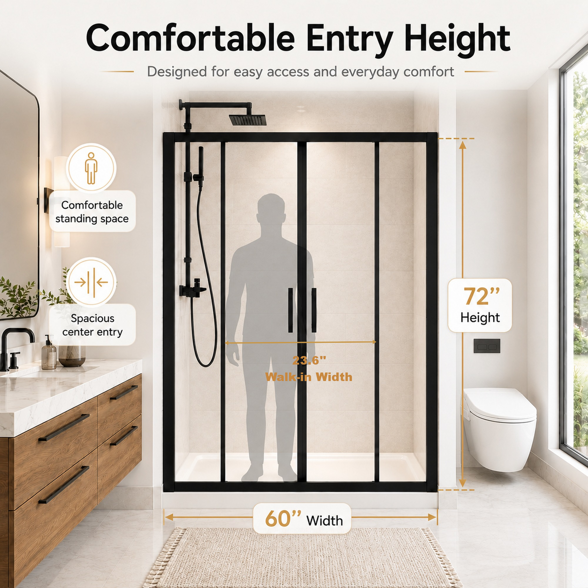 Comfystyle 60.W x 72.H Double Framed Sliding Shower Door, with 1/4" (6mm) Clear SGCC Tempered Glass, Matte Black Finish image 3