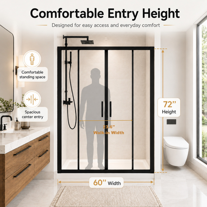 Comfystyle 60.W x 72.H Double Framed Sliding Shower Door, with 1/4" (6mm) Clear SGCC Tempered Glass, Matte Black Finish image 3