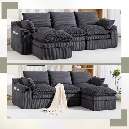 L Shaped Compressed Modular Sectional Sofa Modern Corduroy Upholstered Boneless Couches with Movable Footstool,With Three Pillows and Two Lumbar Pillows,Detachable Cloud Seat Cushions image 3