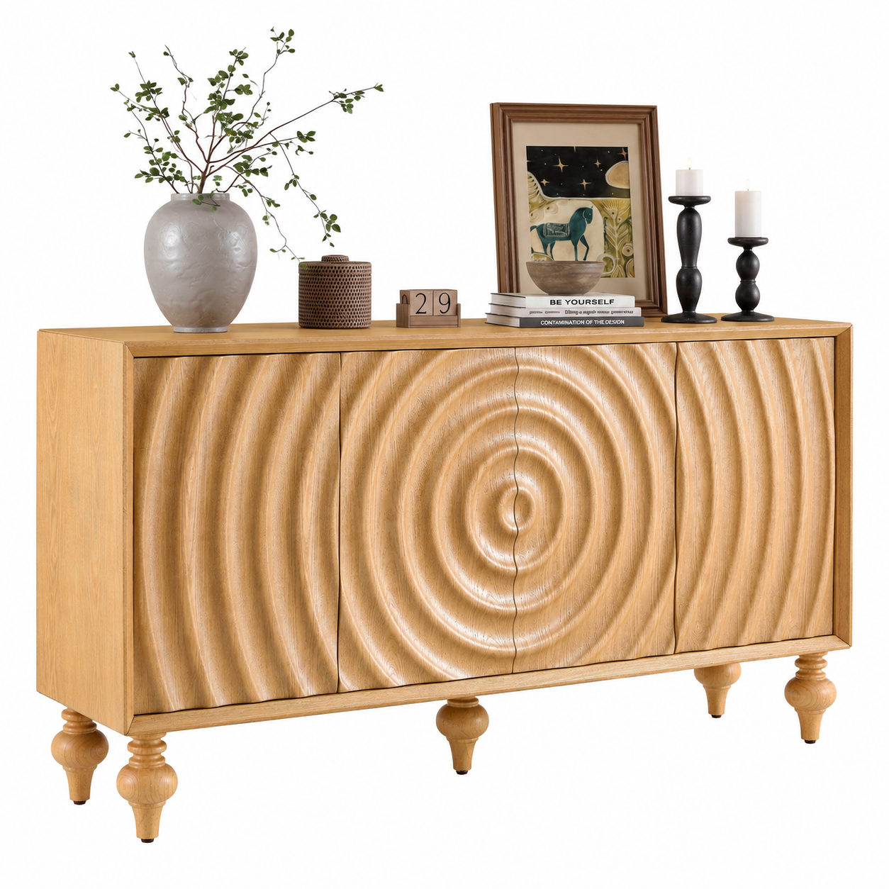4-Door Storage Sideboard Cabinet with 3D Carved Veneer Fronts, Push-to-Open Soft-Close Hinges, Adjustable Shelves image 1