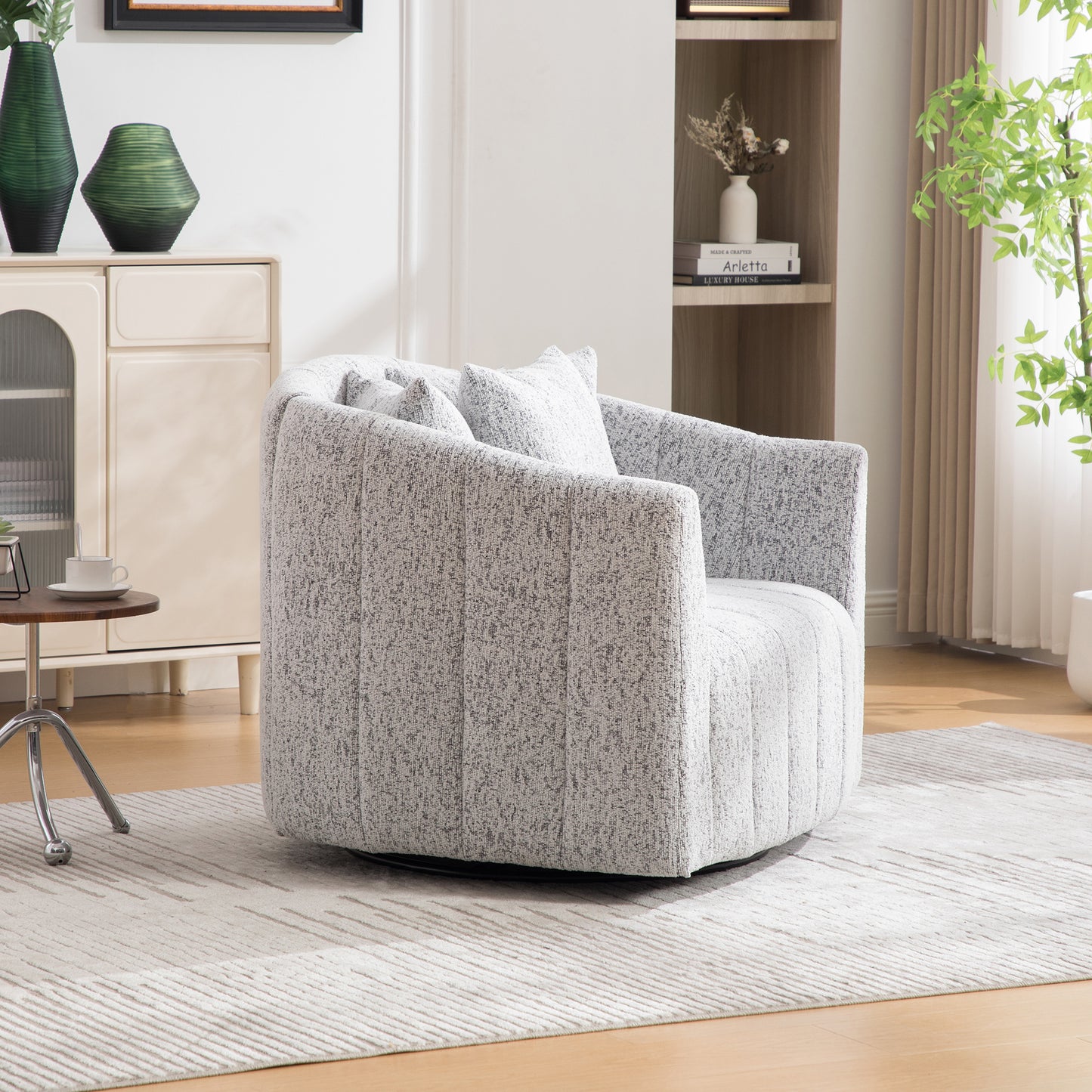 39"W Upholstered Oversized 360° Swivel Accent Barrel Chair and Half Cozy Sofa with 3 Pillows, Chenille Channel Tufted Pumpkin-Shape Club Armchair for Living Room, Bedroom, Office, Lounge,White-Black image 6