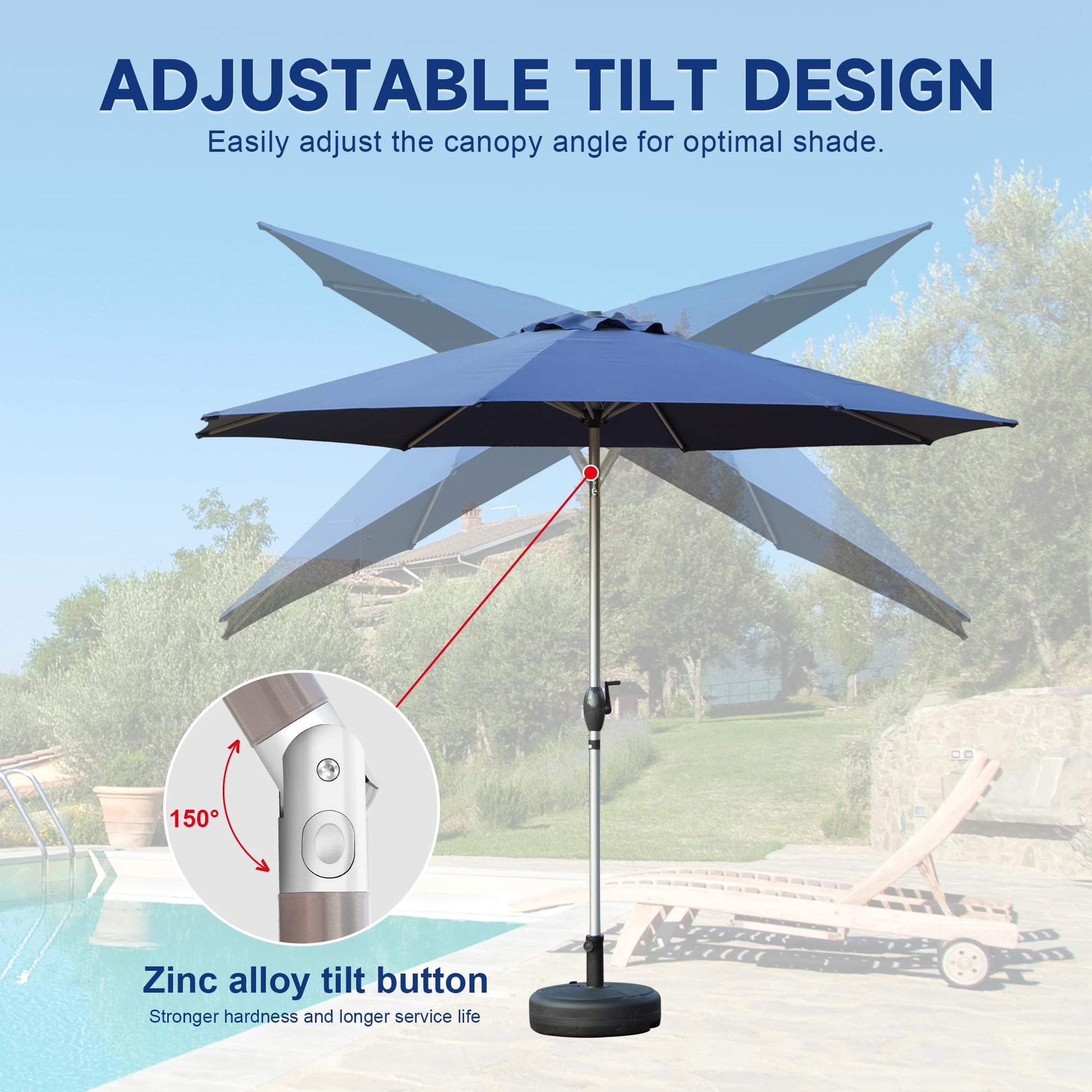 9FT Patio Umbrella, Outdoor Table Umbrella with Push Button Tilt and Crank, UV Protection Waterproof Market Sun Umbrella with 8 Sturdy Ribs for Garden, Deck, Backyard, Pool (Navy Blue) image 3