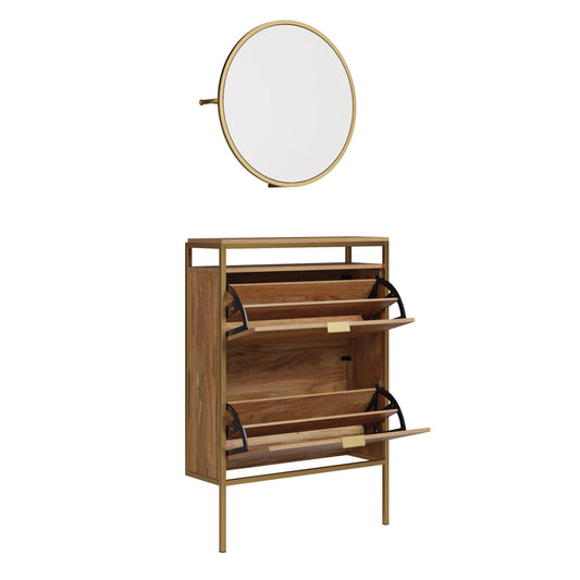 Wall-mounted shoe cabinet with mirror brown finish front view