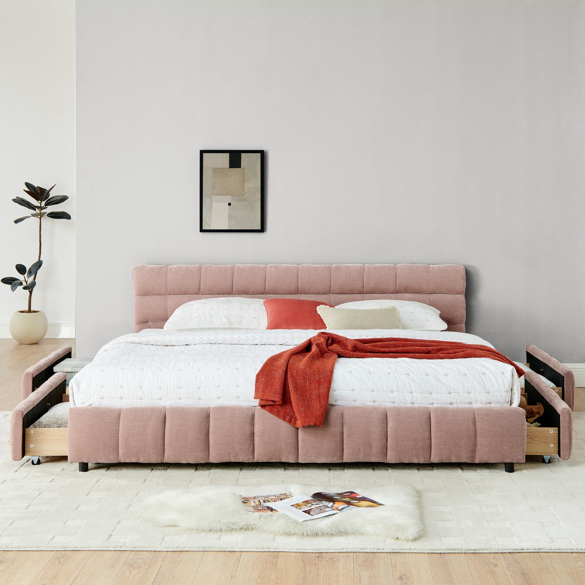 King Size Upholstered Bed,comfortable upholstered bed frame, Chenille fabric, with headboard and solid bed frame. With drawer for storage.-Pink(88.5''*85.5''*31'') image 5
