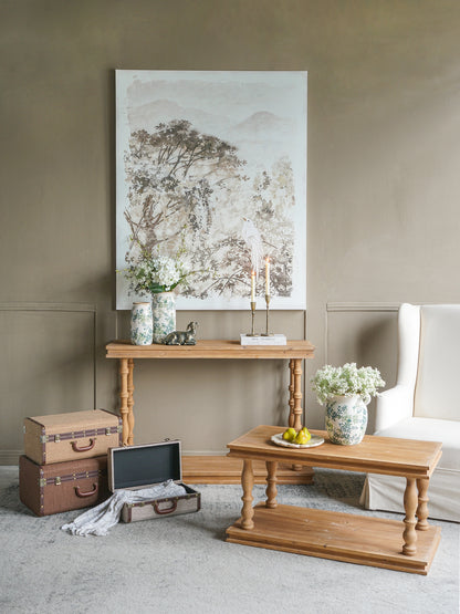 36x18x18" 2-Tier Rustic Rectangular Coffee Table, Natural Wood Living Room Center Table with Carved Baluster Legs, Farmhouse/French Country image 8