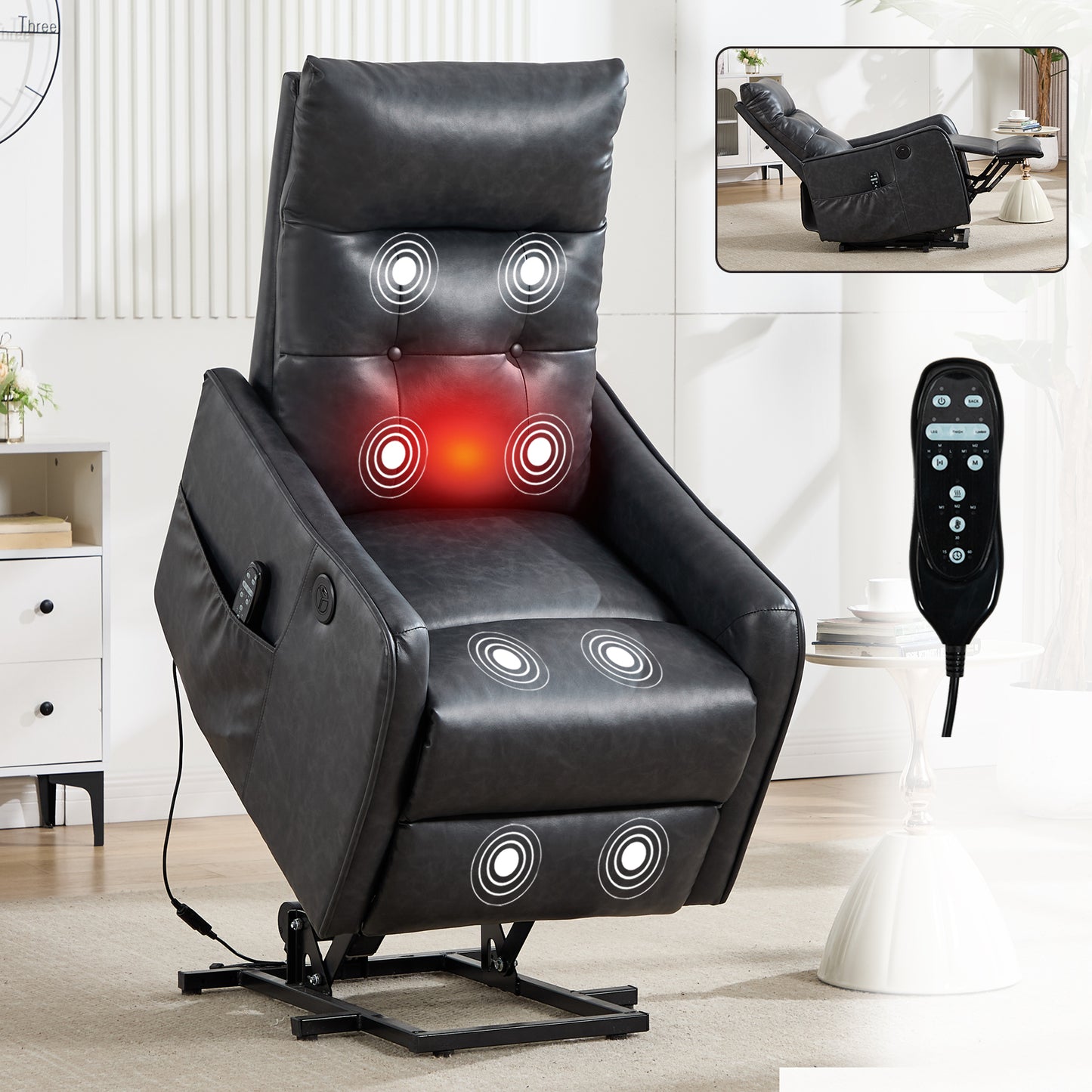 Deep Grey PU Single Motor Power Lift Recliner Chair with Massage and Heat for Elderly, Heavy Duty Motion Mechanism and One USB for Charging, Max Reclining Angle 155° image 1