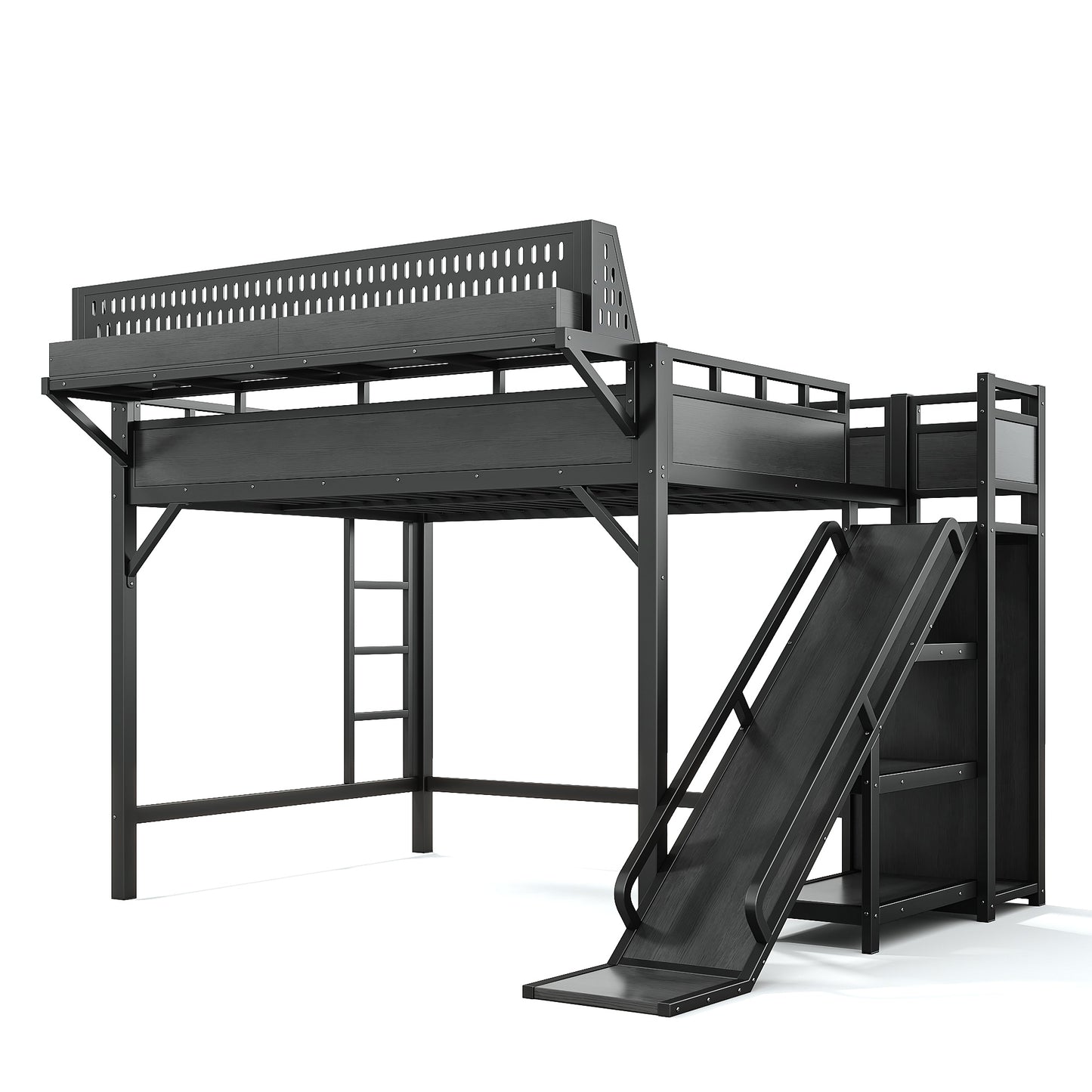 Queen Size Loft Bed with Slide, Storage Shelves and Built-in Wardrobe, Metal Loft Bed Frame with USB Ports and LED Lights, with Pegboard, Safety and Solid, Black image 11