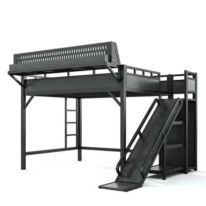 Queen Size Loft Bed with Slide, Storage Shelves and Built-in Wardrobe, Metal Loft Bed Frame with USB Ports and LED Lights, with Pegboard, Safety and Solid, Black image 11