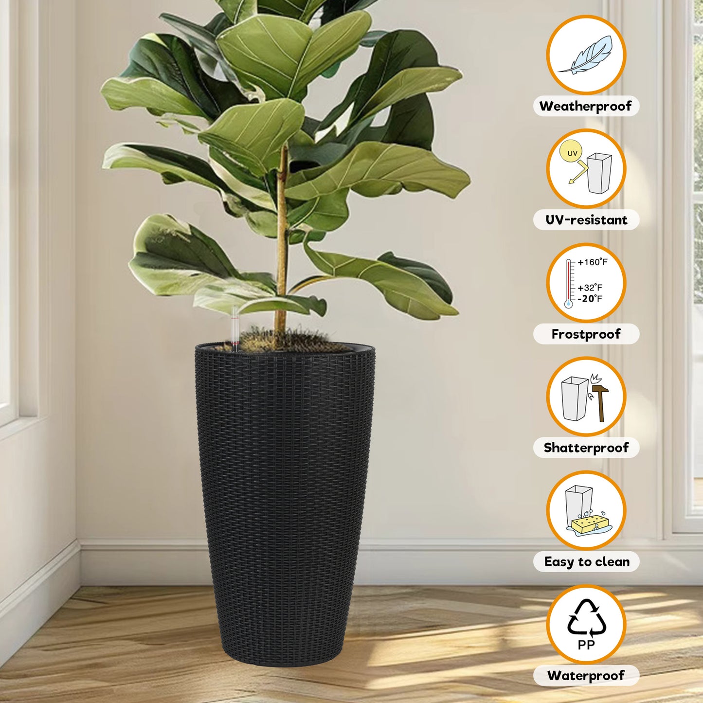 Set of 2 Faux Rattan Tall Planters Outdoor Indoor Large Planters with Water Level Monitor Inner Bucket, Automatic Watering, Flower Plant Pots for Garden, Patio, Porch, Backyard (Black, 22 inch) image 7