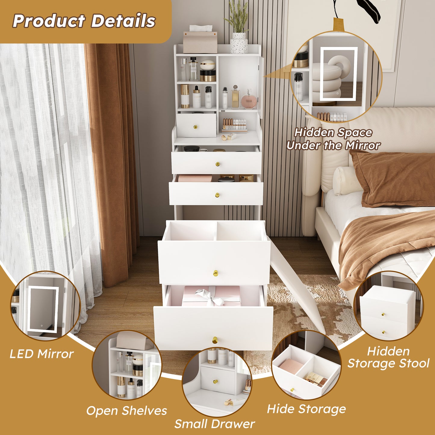 3-in-1 Dressing Table with LED Mirror & Storage Stool - Compact Makeup Vanity with 4 Drawers, Storage Cabinet & Hidden Stool, White Density Board Design, Open Bookshelf for Bedroom Organization image 9
