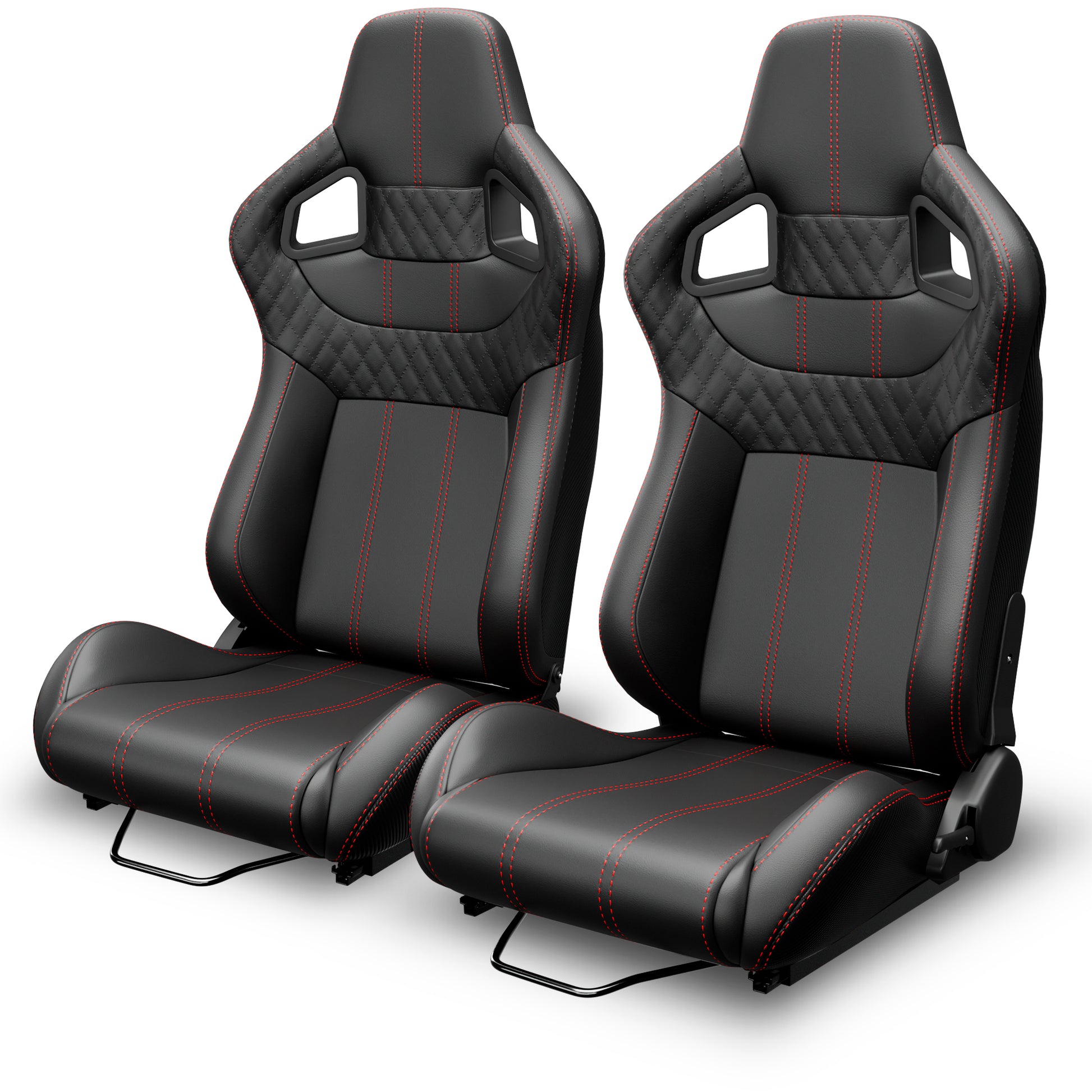 2PC Universal Bucket Racing Seats Red Stitch PVC Leather Reclinable Carbon Look Leather Back With Adjustor Slider(Not Including Seat Bracket) image 5