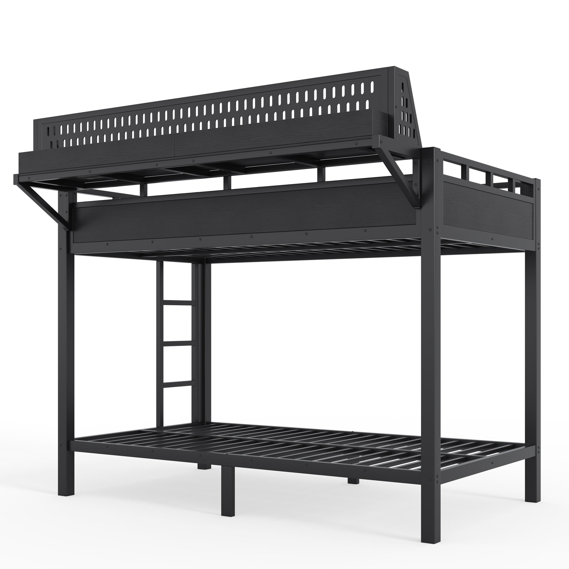 Twin XL over Twin XL Size Metal Bunk Bed with Storage Shelves and Pegboard, Bunk Bed Frame with USB Ports and LED Lights, Space-Saving, for Teens and Adults, Black image 8