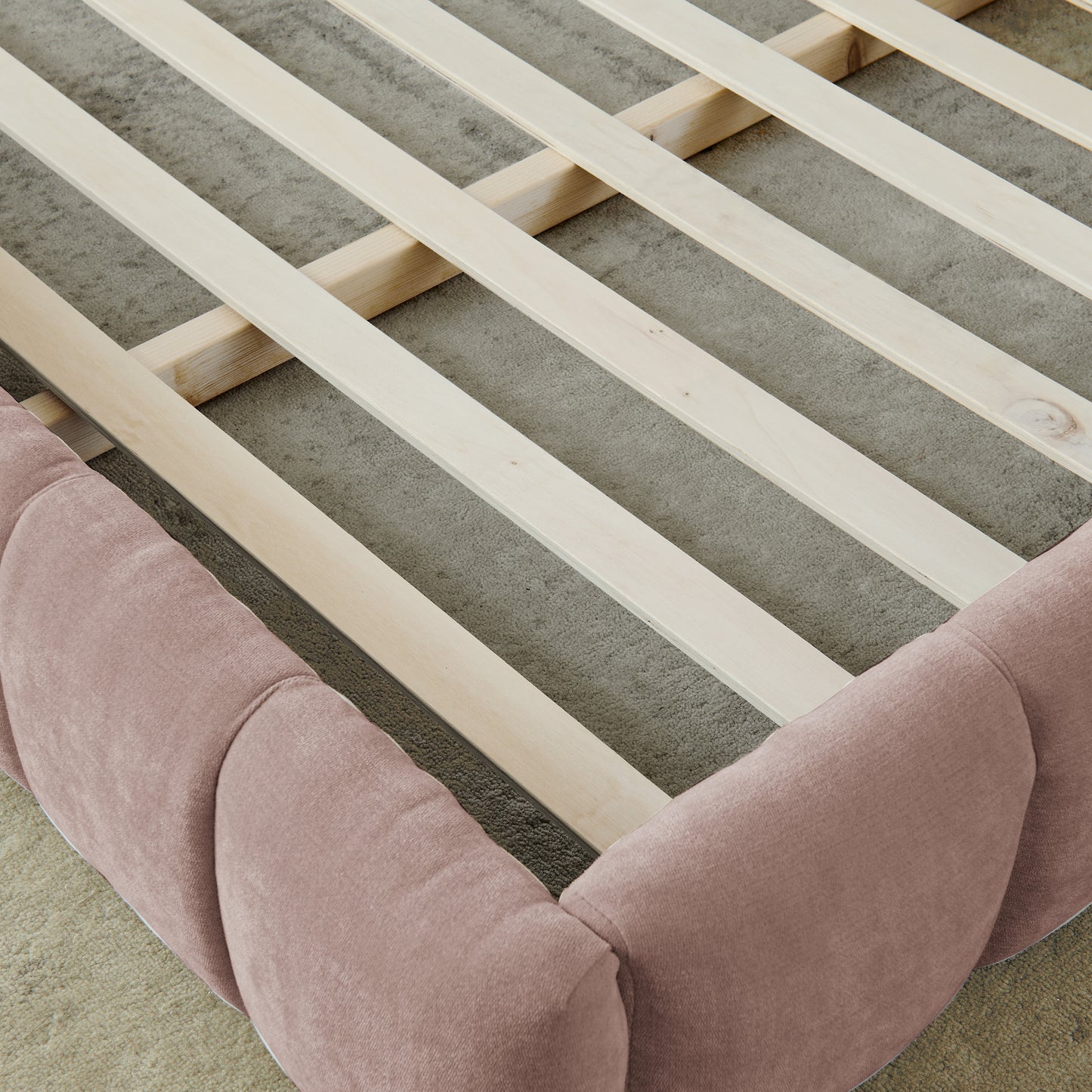 King size Upholstered Bed Frame with Thick Fabric, Chenille Fabric Grounded Queen Size Platform Bed with Headboard and Solid Frame. No Box Spring Needed-Pink(88.5''*85.5''*24'') image 6