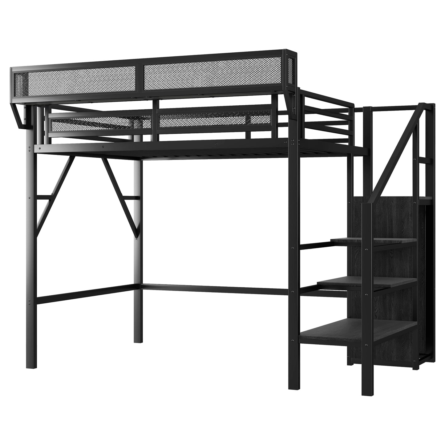 Twin Size Loft Bed with Stairs, Metal Full Loft Bed with Storage Shelves, High Loft Bed with Wardrobe for Kids Teens, Black(OLD SKU W2580S00035) image 10