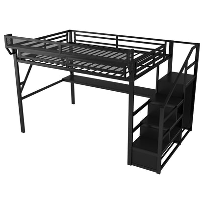 Full Loft Bed with Desk and Charging Station, Full Size Metal Loft Bed with Stairs and Light for Kids Teens, Black image 11