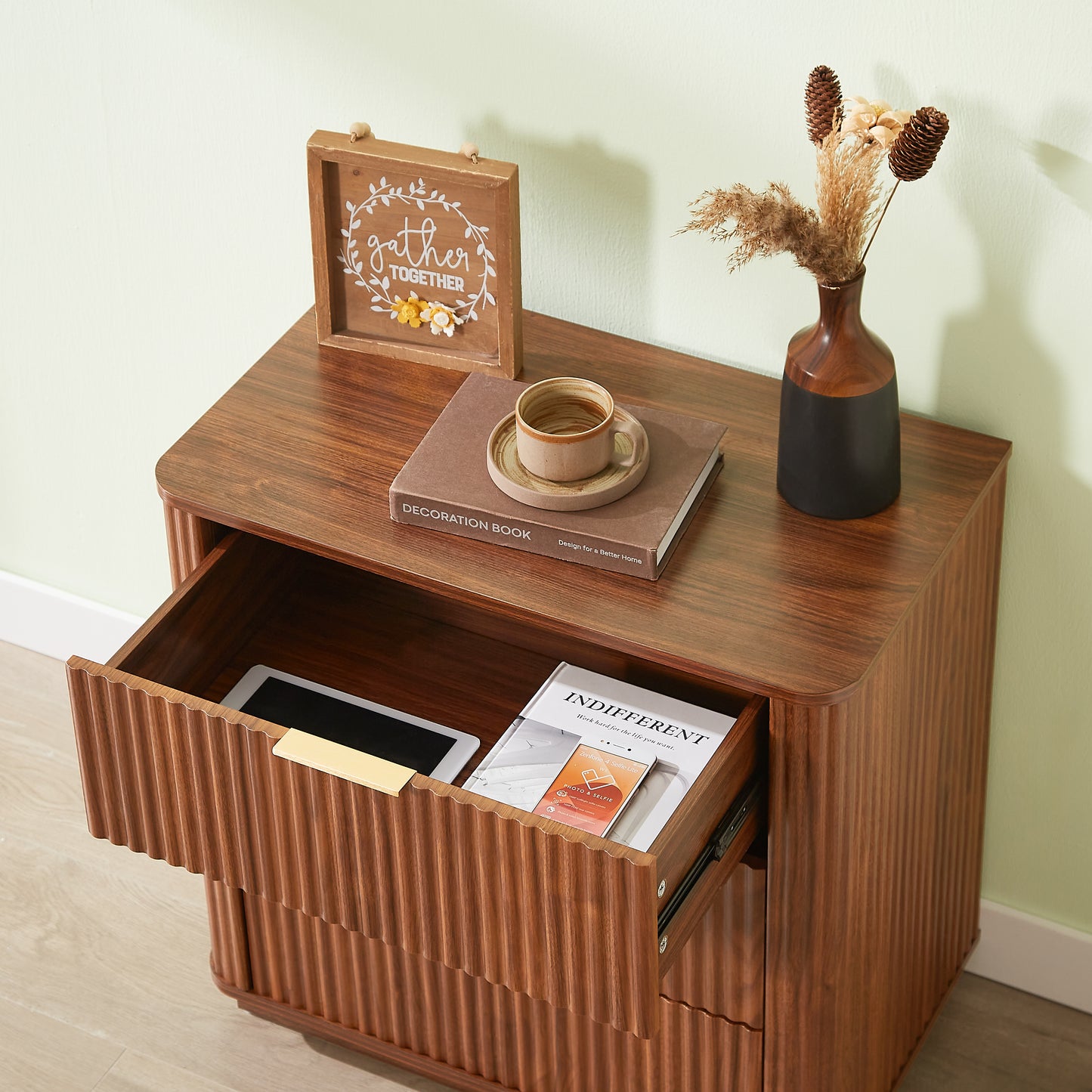 3 Drawers Nightstand Set of 2, 23.6'' Wide Modern Chest of Drawers Curved wave Design, Nightstand, Wood Drawer Organizer for Bedroom, Living Room, Hallway, Walnut,23.6''W x 15''D x 25.2''H. image 6