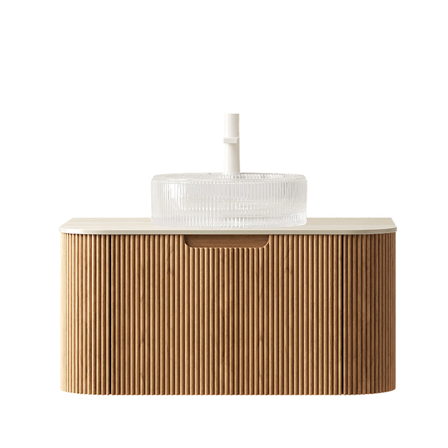 DINA 30" Bathroom Vanity&Sink, Floating Curved Edges Striped Storage Cabinet with Drawer, Transparent Round Glass Basin&Travertine-Pattern Sintered Stone Top, Pre-assembled, Natural Woodgrain Color image 3