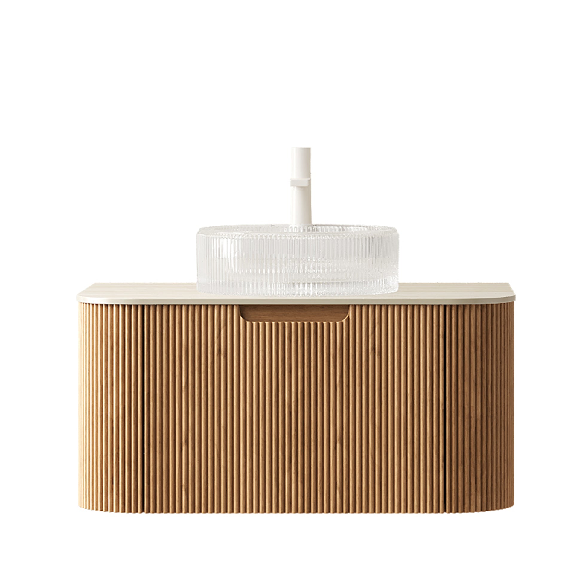 DINA 30" Bathroom Vanity&Sink, Floating Curved Edges Striped Storage Cabinet with Drawer, Transparent Round Glass Basin&Travertine-Pattern Sintered Stone Top, Pre-assembled, Natural Woodgrain Color image 3
