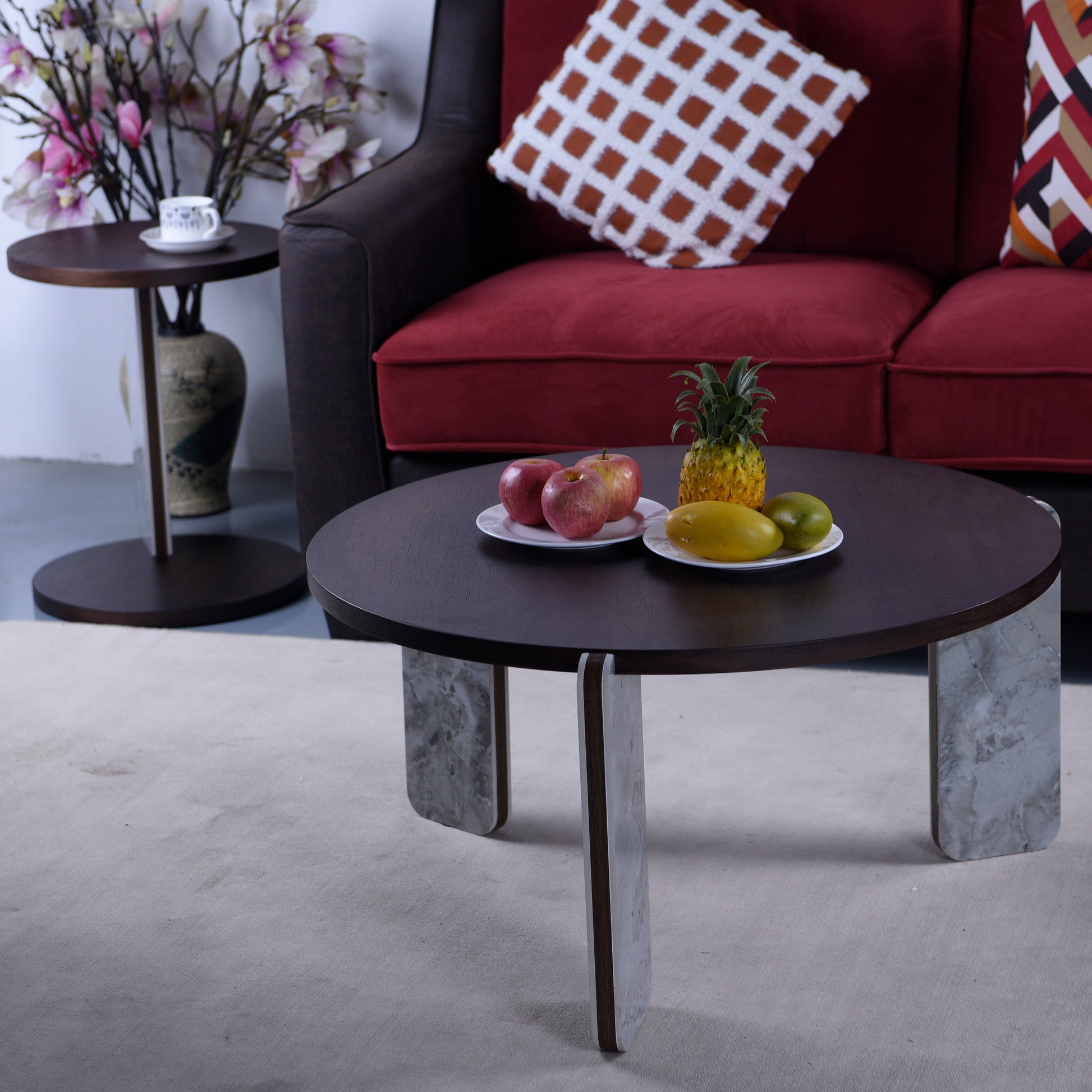 Modern Coffee Table with End Table Set, Durable walnut veneered MDF 83cm diameter Center Table with a 43cm diameter Side Table for Living Room, study room, strong and stable sintered stone legs/base image 6