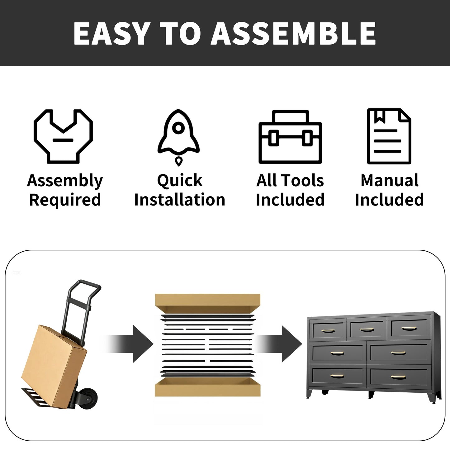 7-Drawer Dresser, Wide Low-Profile Storage Cabinet, Black Metal Chest of Drawers for Bedroom, Living Room & Entryway image 8