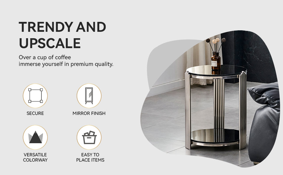 16.90 Inch Modern End Table, Bedside Table,Double-Layer Tempered Black Glass & Silver Stainless Steel Frame Living Room Table, Round Table,Easy Assembly. image 10