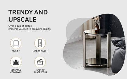 16.90 Inch Modern End Table, Bedside Table,Double-Layer Tempered Black Glass & Silver Stainless Steel Frame Living Room Table, Round Table,Easy Assembly. image 10