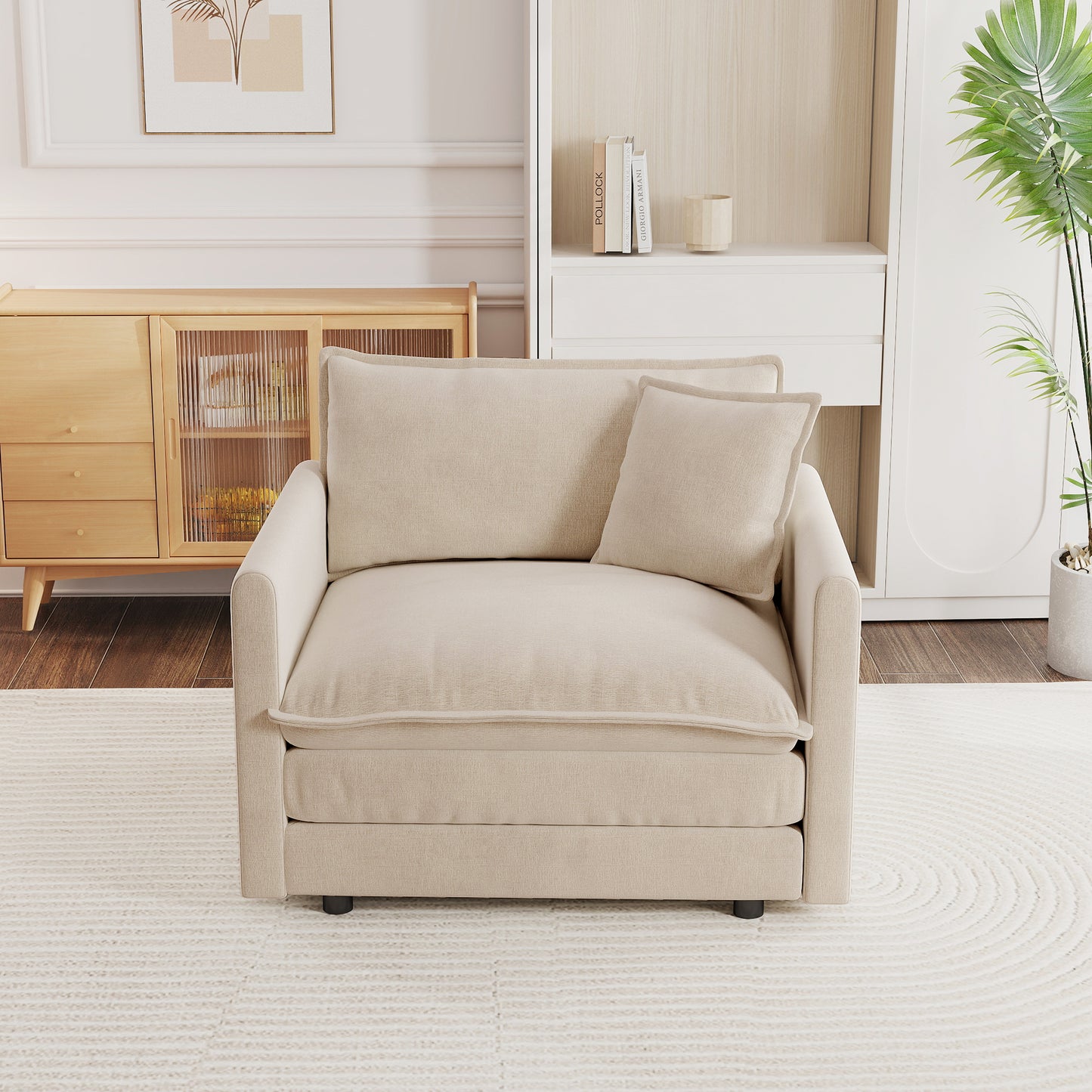Comfy Deep Single Seat Sofa Upholstered Reading Armchair Living Room Chair light coffee Chenille Fabric, 1 Toss Pillow image 3