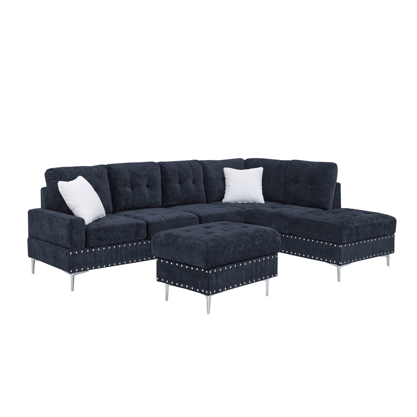 Sectional 3-Seaters Sofa with Chaise, Storage Ottoman, Metal Legs and Copper Nails,Two White Pillows,Navy Bule(102" x 76" x35") image 9